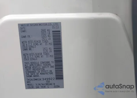 2013 Infiniti Jx35 z USA, uszkodzony, nr VIN 5N1AL0MM1DC349922